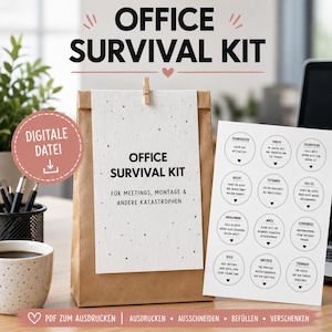 Pode incluir: Um saco de papel castanho com uma etiqueta branca com a inscrição OFFICE SURVIVAL KIT FÜR MEETINGS, MONTAGE & ANDERE KATASTROPHEN, acompanhado por uma folha de doze etiquetas circulares com texto em alemão e corações, como ficheiro digital.