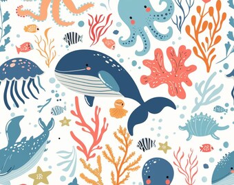 Stof met afbeeldingen van zeedieren, zoals walvissen, octopussen, kwallen en koraalvissen, en onderwaterthema's. 100% katoen, per halve meter.