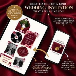 May include: A digital wedding invitation template displayed on a tablet and smartphone screen. The design features deep burgundy envelopes, floral accents, a vinyl record graphic, and text including Henry and Julia, 30 September 2027, and Royal Hotel.