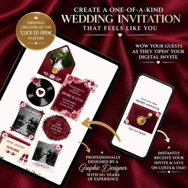 May include: A digital wedding invitation template displayed on a tablet and smartphone screen. The design features deep burgundy envelopes, floral accents, a vinyl record graphic, and text including Henry and Julia, 30 September 2027, and Royal Hotel.
