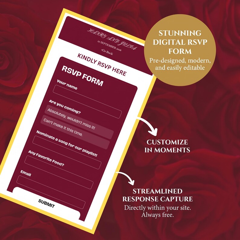May include: A digital RSVP form template with a deep red background and white text. The form includes fields for name, attendance status, song requests, favourite food, and email, with a submit button at the bottom. Text reads Henry and Julia.