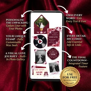 May include: A smartphone screen displaying a digital wedding invitation template with burgundy floral accents, a vinyl record graphic, photo gallery slots, RSVP buttons, and text including "Hanry & Julia" and "30 September 2027 at Royal Hotel."
