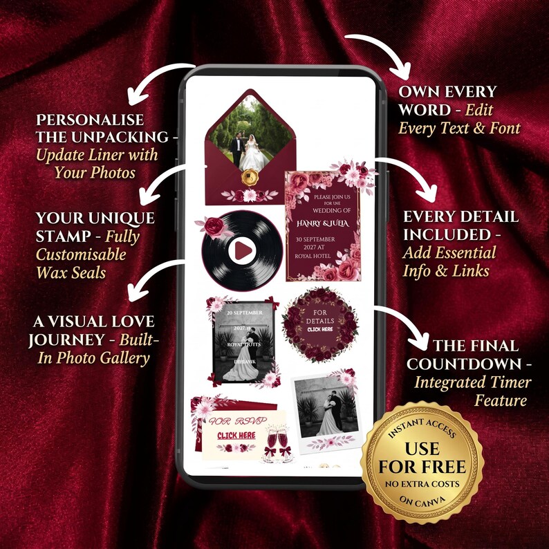 May include: A smartphone screen displaying a digital wedding invitation template with burgundy floral accents, a vinyl record graphic, photo gallery slots, RSVP buttons, and text including "Hanry & Julia" and "30 September 2027 at Royal Hotel."