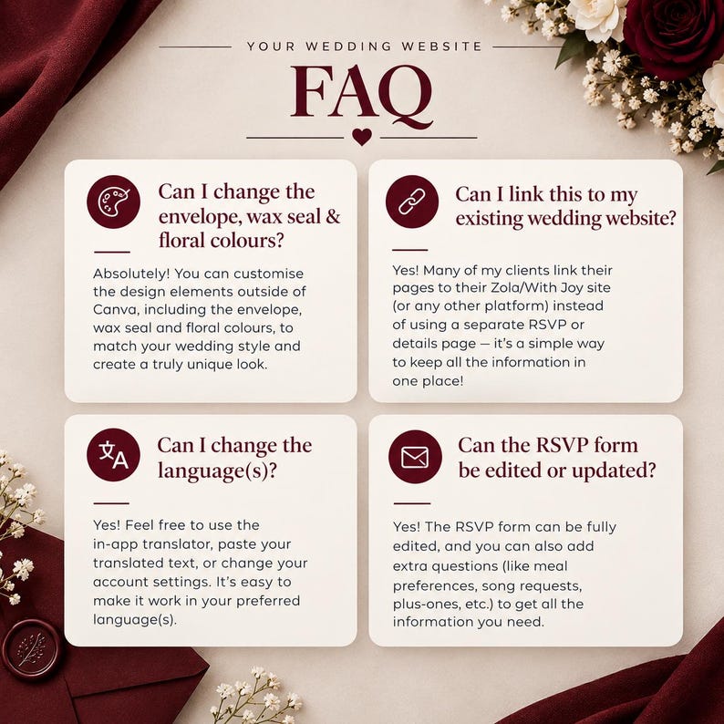 May include: A digital FAQ template for a wedding website with dark red text on a cream background. It features four sections with icons for customisation, linking, language, and RSVP forms, surrounded by decorative burgundy fabric and flowers.