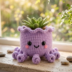 Op de afbeelding: Een lichtpaarse gehaakte octopus plantenpot met een gegolfde bovenrand, zwarte veiligheidsogen en kleine roze geborduurde wangen. Een groene vetplant staat in het midden van de gehaakte octopus, die acht gekrulde tentakels heeft.