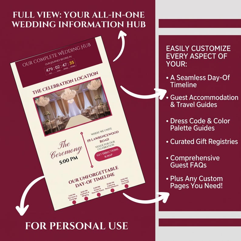 May include: A digital wedding information hub template on a cream background with maroon accents. It features a countdown timer, a photo of a banquet hall, ceremony details, a location address, and a day-of timeline. Text includes "Our Complete Wedding Hub" and "Easily Customize Every Aspect Of Your".