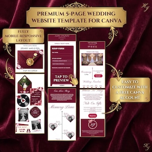 May include: A premium 5-page wedding website template for Canva featuring a deep burgundy and gold colour scheme. The layout includes sections for RSVP forms, venue details, a love story timeline, and gift registry information with floral accents.