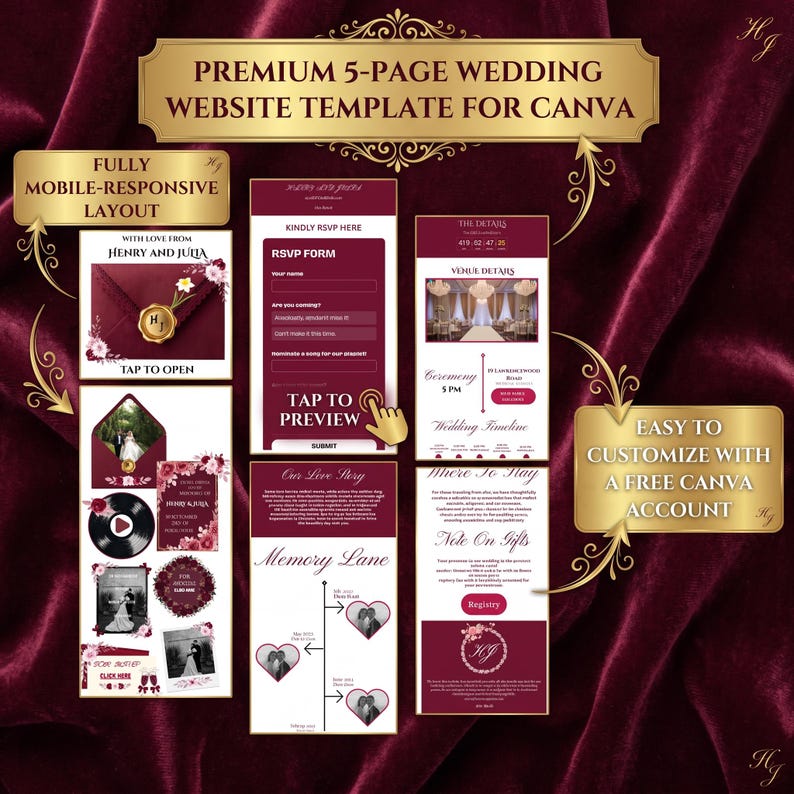 May include: A premium 5-page wedding website template for Canva featuring a deep burgundy and gold colour scheme. The layout includes sections for RSVP forms, venue details, a love story timeline, and gift registry information with floral accents.
