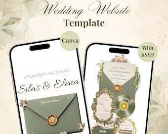 May include: A 5-page wedding website template for Canva featuring two smartphone screens. The left screen shows an invitation with a green envelope and wax seal. The right screen displays event details, an RSVP section, and a play button.