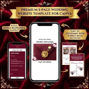 May include: A digital 5-page wedding website template for Canva displayed on mobile screens. The design features a deep red colour scheme with floral accents, a wax seal graphic with initials HJ, and text including Henry and Julia, RSVP Form, and Venue Details.