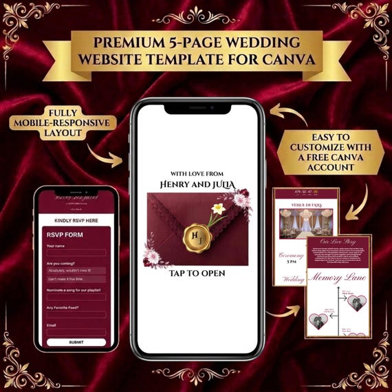 Editable Wedding Website Template, Canva Wedding Website, Digital Wedding Invitation, Online RSVP, Wedding RSVP Website.