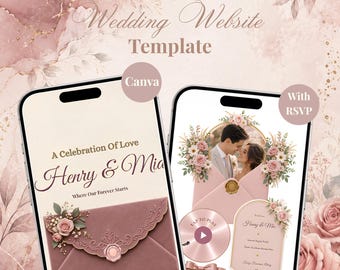 May include: A digital wedding website template for Canva featuring five pages with RSVP functionality. The design displays two smartphones showing a mauve envelope with floral accents, a couple's photo, and text reading A Celebration Of Love.