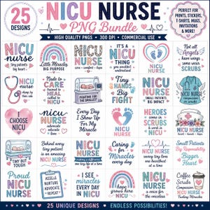 Puede incluir: Una colección digital de 25 diseños gráficos con temática de enfermería neonatal, que incluye texto en rosa y azul pastel, ilustraciones médicas como estetoscopios, incubadoras y huellas de bebé, junto con diversas frases.