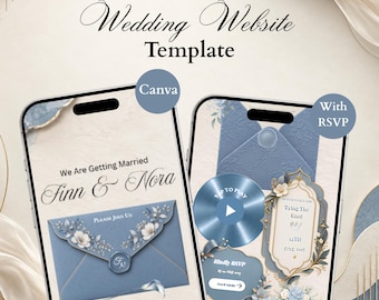 May include: A 5-page wedding website template displayed on two smartphones. The screens show blue envelopes, floral graphics, and text including "We Are Getting Married," "Finn & Nora," "Tying The Knot," and "Kindly RSVP" with interactive buttons.