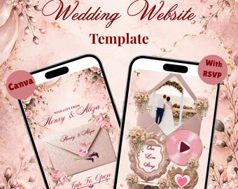 May include: A 5-page wedding website template displayed on two smartphones, featuring a soft pink floral theme. The screens show an envelope graphic with the text Henry & Aliza, a photo of a couple, a play button, and the text Our Love Story.