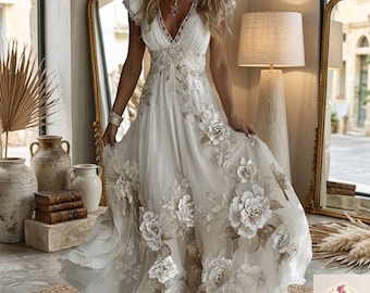 Abito lungo da donna stile boho floreale con scollo a V, abito estivo per vacanze al mare, abito da invitata a un matrimonio.