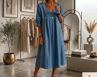 Linen Cotton Midi Dress Women, V Neck Loose Fit, Flowy Casual with Pockets, Summer Vacation
