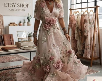 Vestido largo bohemio floral para mujer, vestido de verano con cuello en V, vestido de playa para invitada de boda.