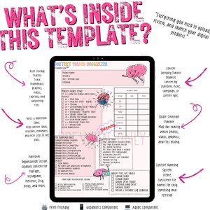 Op de afbeelding: Een digitale sjabloon voor een inhoudsmap-organizer weergegeven op een tabletscherm. Het roze document bevat secties voor mapinstellingen, bestandsnaamregels en inhoudsbeheer, versierd met kleine roze hersenillustraties en tekst.