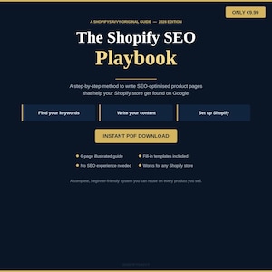 Könnte beinhalten: Ein dunkelblauer digitaler Leitfaden mit dem Titel The Shopify SEO Playbook 2026 Edition. Er enthält Abschnitte zum Finden von Keywords, Schreiben von Inhalten und Einrichten von Shopify. Der 6-seitige Leitfaden bietet Vorlagen als PDF-Download.