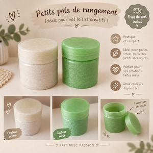 Può includere: Due barattoli cilindrici con coperchio a vite, uno color crema e uno verde. I barattoli hanno una finitura testurizzata semitraslucida. L'immagine include testo in francese, icone e una vista di un barattolo verde aperto.