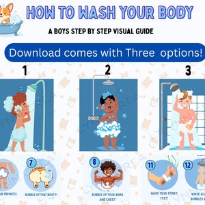 May include: A visual guide titled HOW TO WASH YOUR BODY A BOYS STEP BY STEP VISUAL GUIDE featuring three numbered shower scenes and smaller circular icons with instructions like SCRUB YOUR PRIVATES, BUBBLE UP THAT BOOTY, and WASH YOUR STINKY FEET.