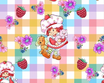 Strawberry Shortcake Gingham Fabric Rainbow Check Floral Fabric Cottagecore Girly Fabric Cartoon Fabric 100% Cotton Fabric By The Half Yard