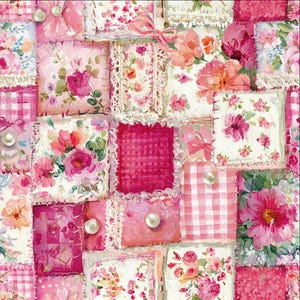 May include: A patchwork fabric design featuring various squares of pink, white, and red floral patterns, gingham checks, and solid textures. The composition includes decorative white lace trim, pink ribbon bows, and small white pearl-like beads.