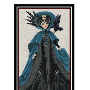May include: A needlepoint canvas titled LILITH Witchy Women L5234 by Leigh Designs, featuring a figure in a blue and black gown with a high collar, a skull headpiece, and a black raven perched on the shoulder, with text CUSTOM THREAD AND STITCH GUIDE.