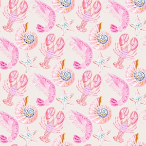 May include: A repeating pattern on a light beige background featuring watercolour illustrations of pink lobsters, shrimp, nautilus shells with blue and gold accents, and white starfish with subtle green details arranged in a balanced, decorative layout.