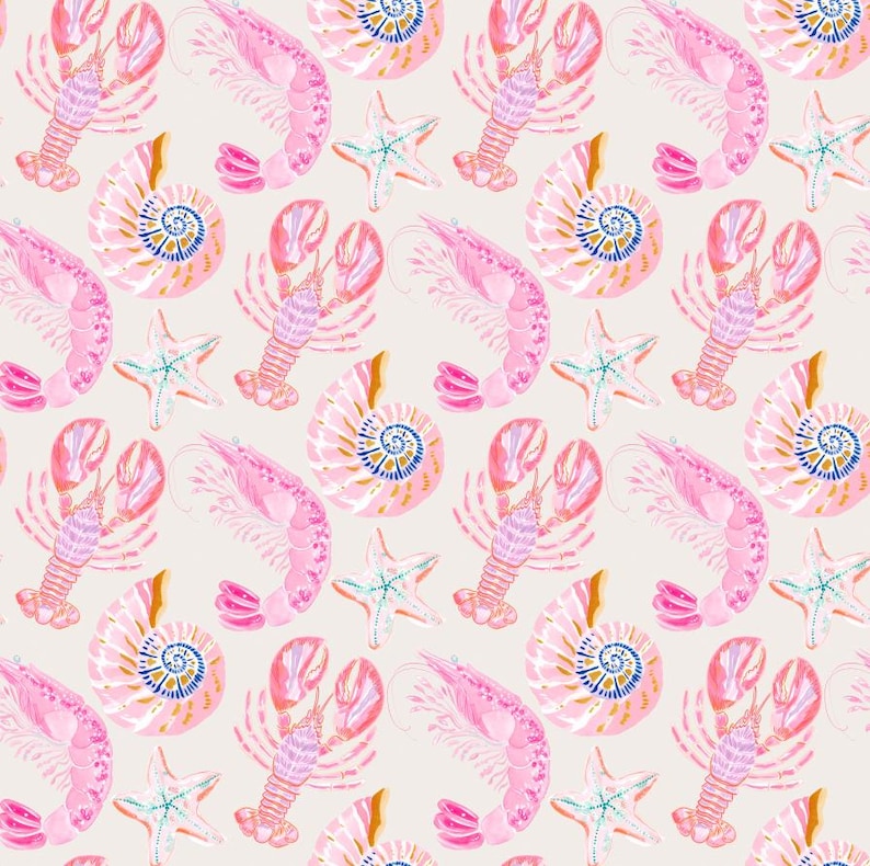 May include: A repeating pattern on a light beige background featuring watercolour illustrations of pink lobsters, shrimp, nautilus shells with blue and gold accents, and white starfish with subtle green details arranged in a balanced, decorative layout.