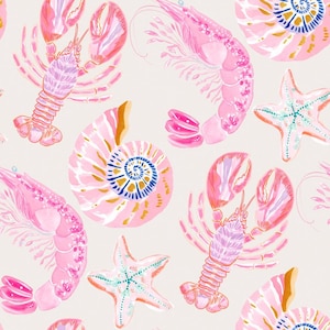 May include: A repeating pattern featuring pink lobsters, shrimp, starfish, and spiral seashells on a light cream background. The illustrations use shades of pink, white, and gold accents to depict the marine life with detailed line work and soft shading.