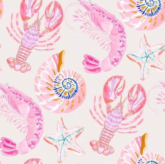 Pink Coastal Fabric, Preppy Nautical Fabric, Lobster Seashell Starfish Fabric, Beach Summer Fabric, 100% Cotton Fabric, Sold By Half Yard