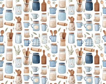 Kitchen Jar Utensil Fabric, Canister Wooden Spoon Rolling Pin Farmhouse Decor Fabric, Sewing Fabric, 100% Cotton Fabric, By The Half Yard