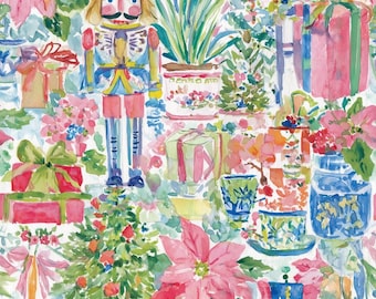 Watercolor Nutcracker Fabric, Pink Christmas Nutcracker Gifts Fabric, Holiday Dress Sewing Fabric, 100% Cotton Fabric, Sold By Half Yard