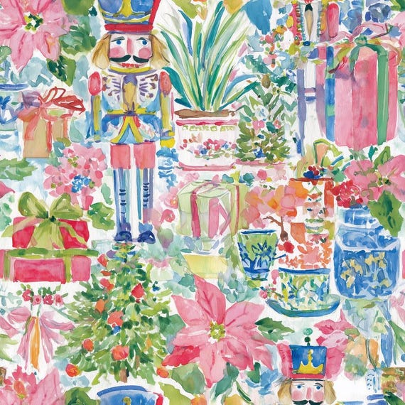 Watercolor Nutcracker Fabric, Pink Christmas Nutcracker Gifts Fabric, Holiday Dress Sewing Fabric, 100% Cotton Fabric, Sold By Half Yard