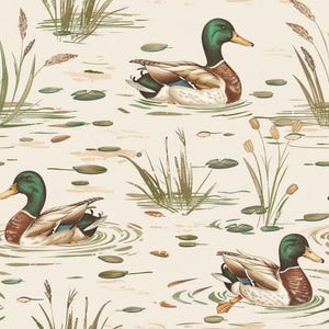 Mallard Duck Pond Fabric, Reed Lily Pad Water Ripple Wetland Fabric, Dress & Curtain Sewing Fabric, 100% Cotton Fabric, Sold By Half Yard