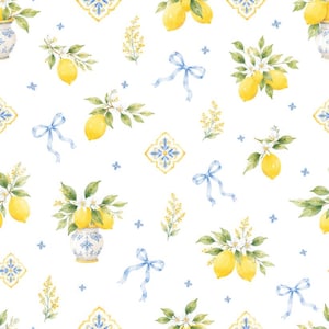 Könnte beinhalten: Ein nahtloses Muster mit Aquarellillustrationen von gelben Zitronen an belaubten Zweigen, weißen Blüten, blau-weiß gemusterten Keramikvasen, hellblauen Schleifen und dekorativen gelb-blauen geometrischen Fliesenmotiven auf weißem Grund.