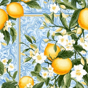 Peut inclure: Un motif répétitif composé de citrons jaune vif et de fleurs blanches avec des feuilles vertes sur un fond bleu clair orné de volutes blanches complexes et de fines lignes dorées formant une structure en grille sur la surface.