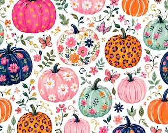 Halloween Fabric, Pink Floral Pumpkin Fabric, Colorful Fall Harvest Fabric, Folk Art Autumn Fabric, 100% Cotton Fabric, Sold By Half Yard