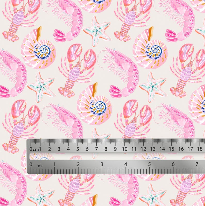 Pink Coastal Fabric, Preppy Nautical Fabric, Lobster Seashell Starfish Fabric, Beach Summer Fabric, 100% Cotton Fabric, Sold By Half Yard image 3