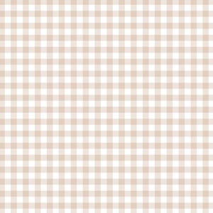 May include: A repeating gingham pattern featuring a grid of intersecting horizontal and vertical lines. The design consists of alternating squares in a soft, muted beige color and a clean, crisp white, creating a classic checkered textile print.