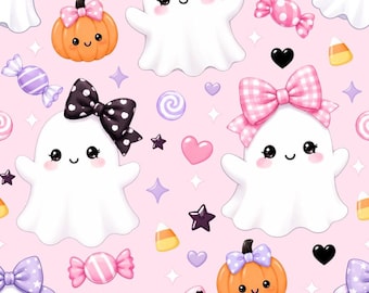 Ghost Halloween Fabric, Pink Coquette Bow Pumpkin Candy Fabric, Kawaii Spooky Fabric, 100% Cotton Fabric, Sold By Half Yard
