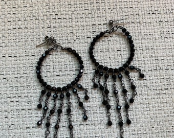 Swarovski Crystal Black Beaded Hoop Fringe Earrings