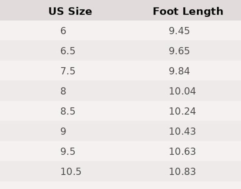 May include: A black text chart on a light background titled US Size and Foot Length. The table lists US sizes 6 through 10.5 in the left column and corresponding foot length measurements in inches in the right column, ranging from 9.45 to 10.83.
