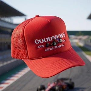 Good News Racing Trucker Hat, John 3 16 Christian Cap, Vintage Red Foam Snapback, Retro Racing Team Faith Headwear, Religious Gift for Men