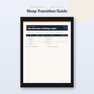 May include: A digital tablet displaying the Zenessent Shift Life Sleep Transition Guide. The screen shows a step-down plan for switching to night shifts, including a table with columns for wake time, sleep time, light exposure, and caffeine cutoff.
