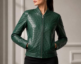 Chaqueta de piel de avestruz repujada para mujer, hecha a mano, de piel auténtica.