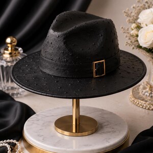 Luxuriöser, handgefertigter Western-Fedora-Hut aus geprägtem Straußenleder für Herren