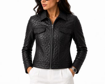 Chaqueta de piel de avestruz repujada para mujer, hecha a mano, de cuero genuino.
